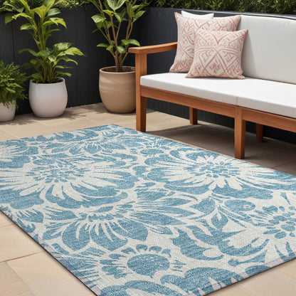 8' X 10' Denim and Ivory Floral Washable Non Skid Indoor Outdoor Area Rug