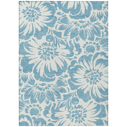 8' X 10' Denim and Ivory Floral Washable Non Skid Indoor Outdoor Area Rug