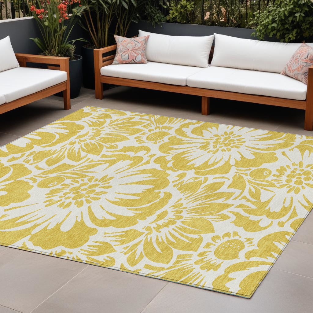 8' X 10' Gold and Ivory Floral Washable Non Skid Indoor Outdoor Area Rug