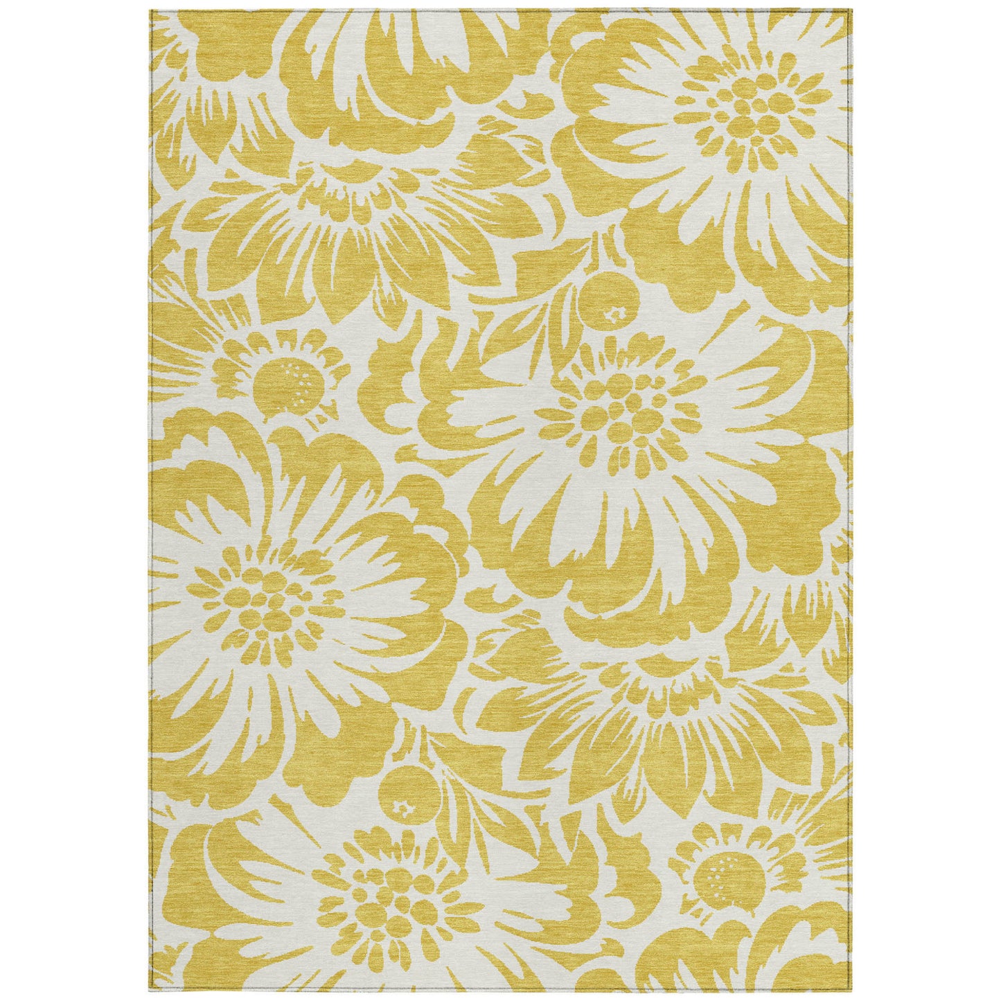 8' X 10' Gold and Ivory Floral Washable Non Skid Indoor Outdoor Area Rug