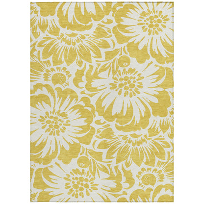 8' X 10' Gold and Ivory Floral Washable Non Skid Indoor Outdoor Area Rug