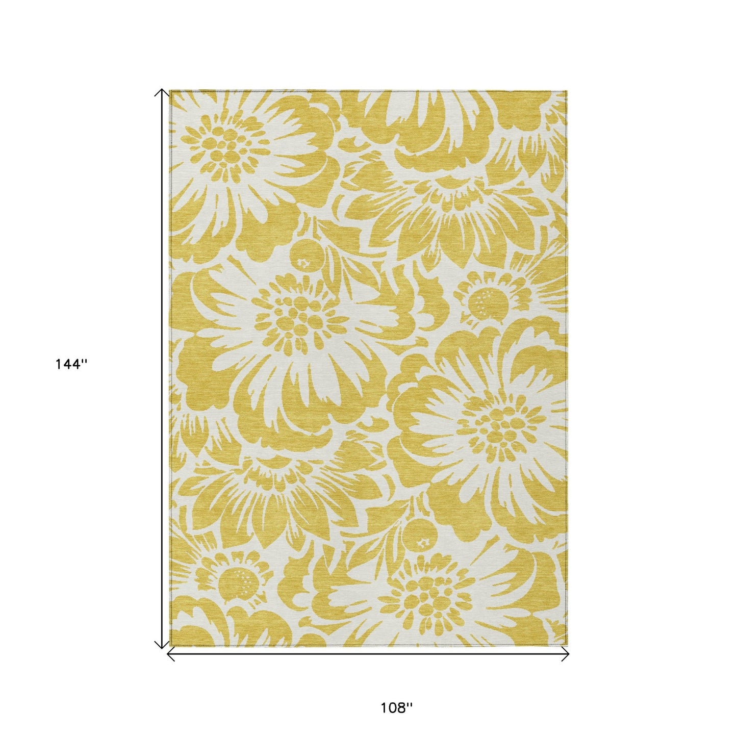 9' X 12' Gold and White Floral Washable Non Skid Indoor Outdoor Area Rug