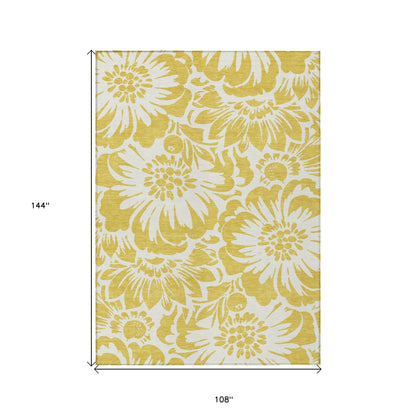 9' X 12' Gold and White Floral Washable Non Skid Indoor Outdoor Area Rug