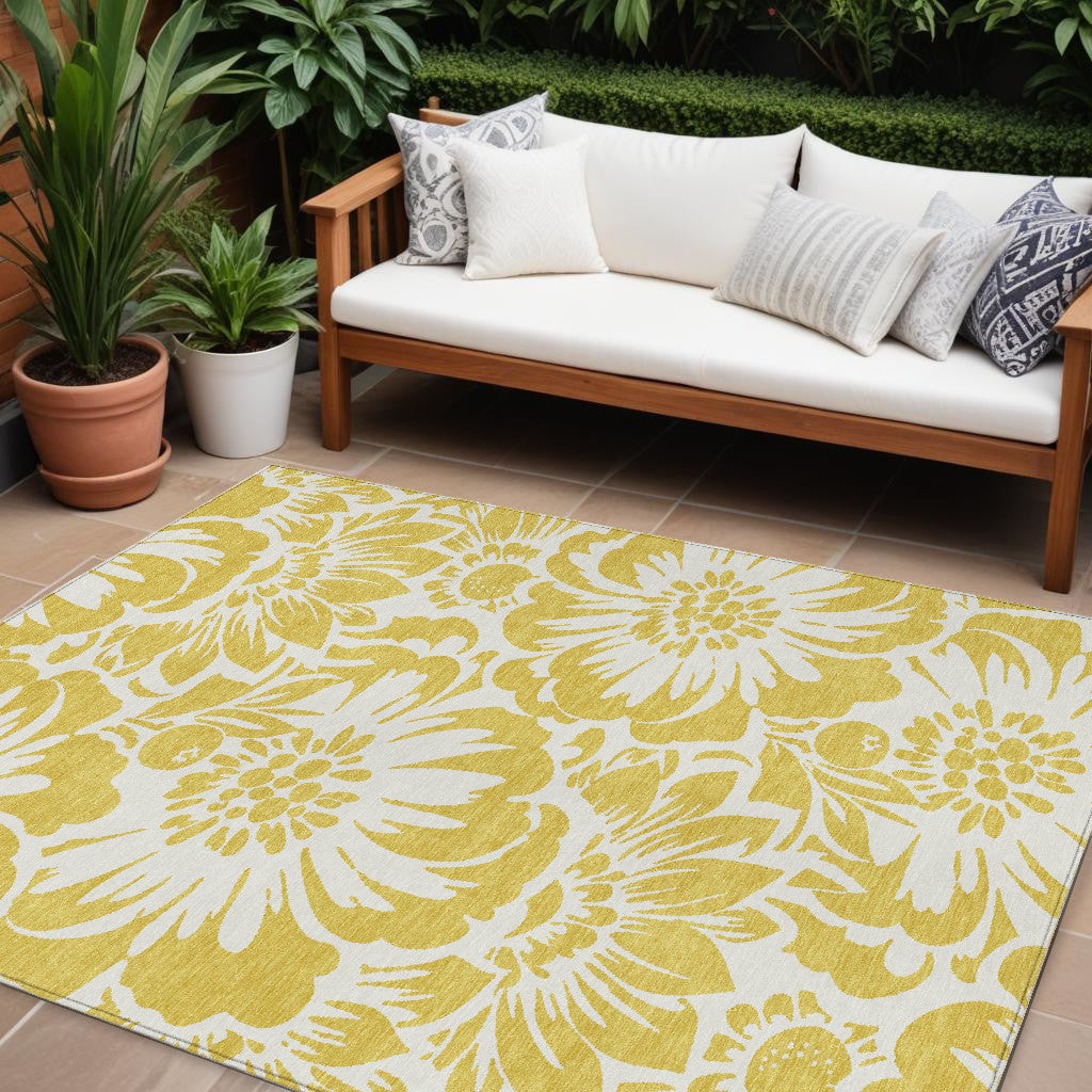 9' X 12' Gold and White Floral Washable Non Skid Indoor Outdoor Area Rug