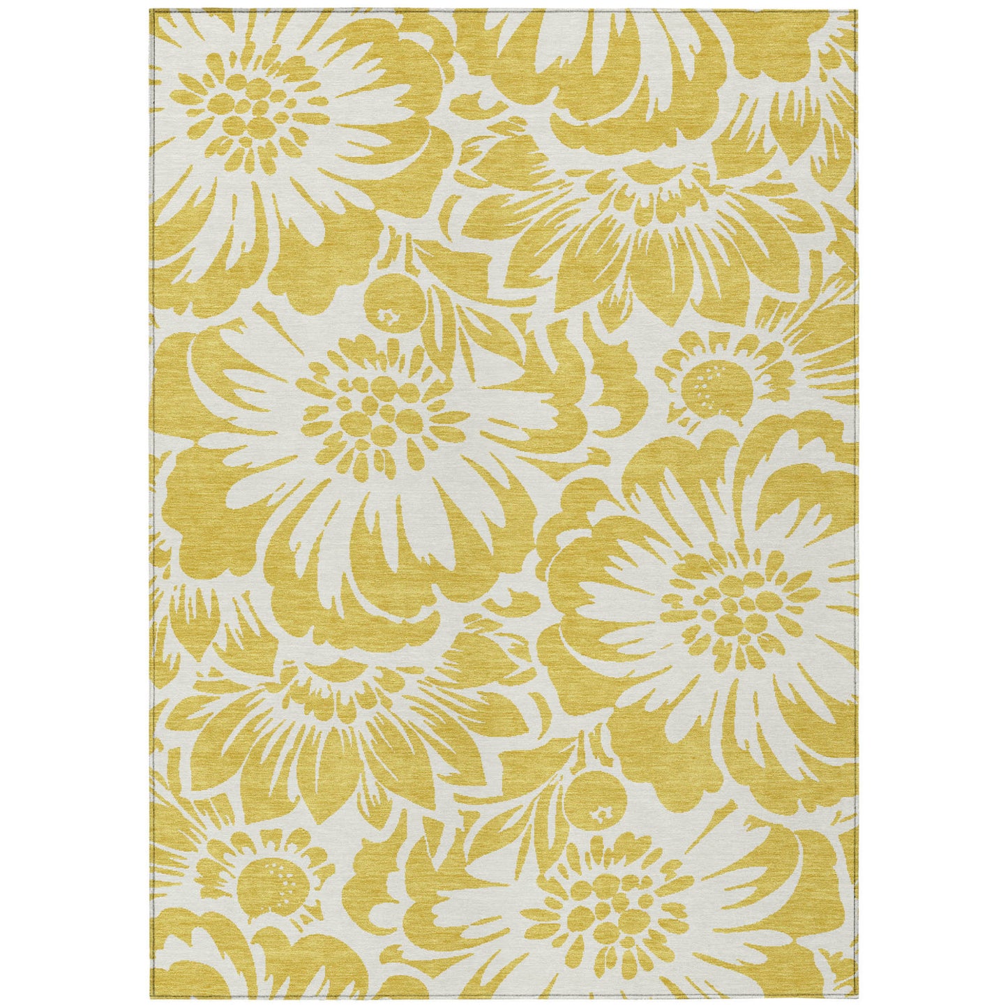 9' X 12' Gold and White Floral Washable Non Skid Indoor Outdoor Area Rug