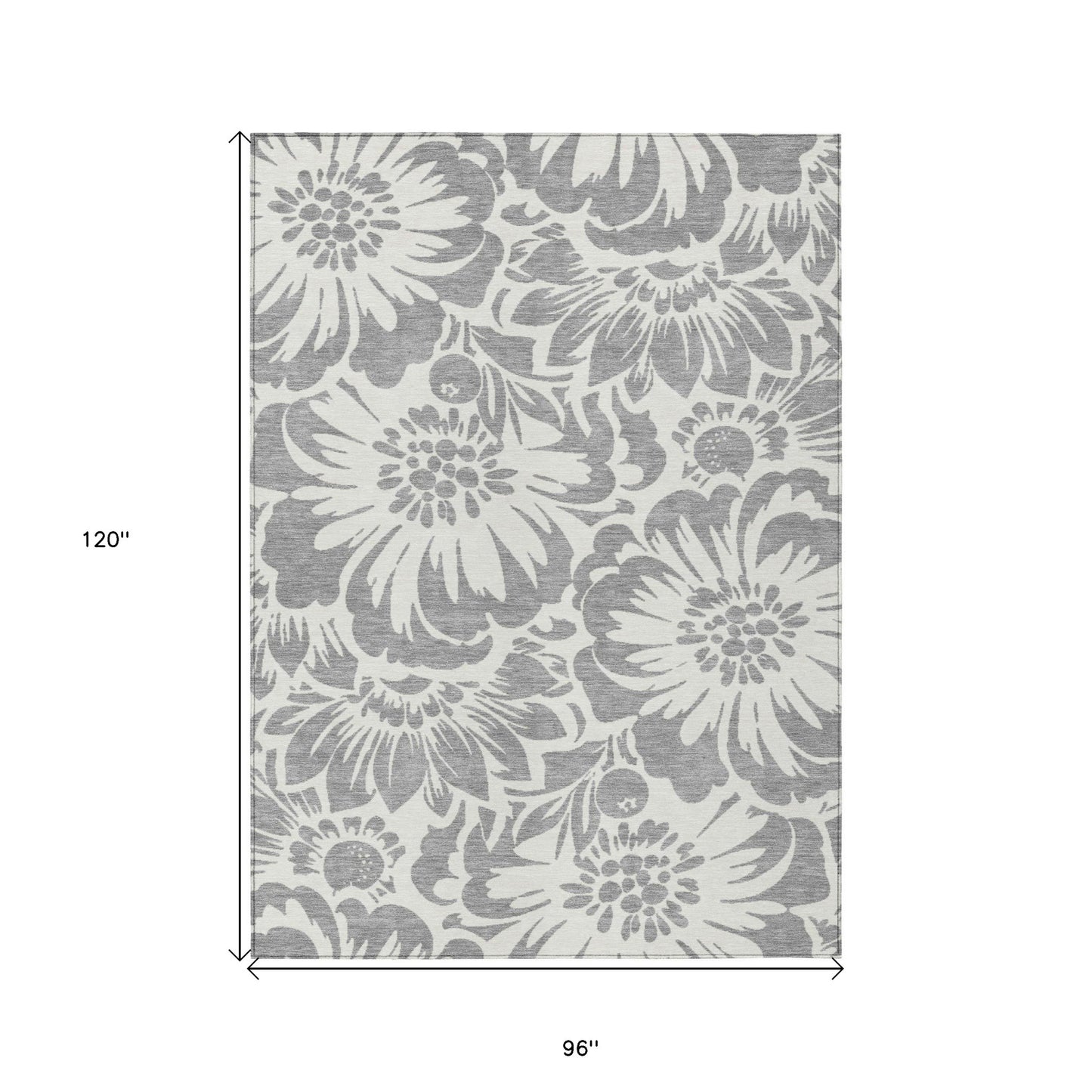 8' X 10' Gray and Ivory Floral Washable Non Skid Indoor Outdoor Area Rug