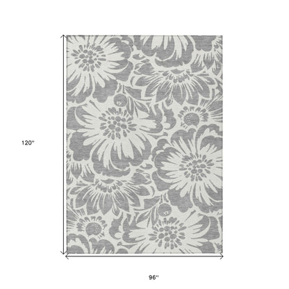 8' X 10' Gray and Ivory Floral Washable Non Skid Indoor Outdoor Area Rug