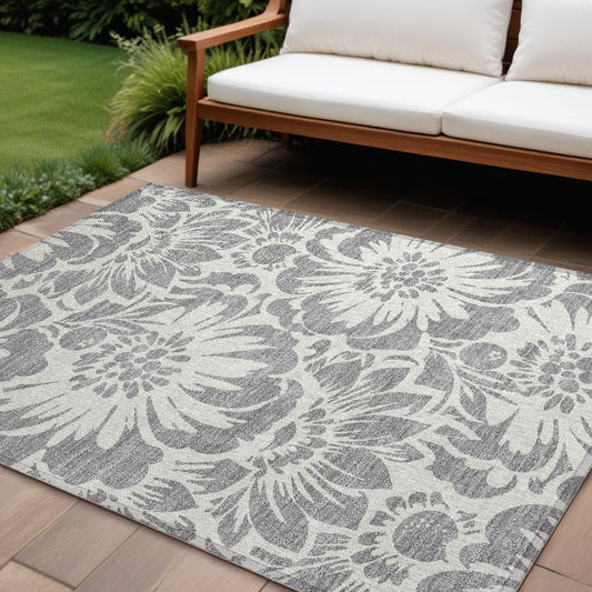 8' X 10' Gray and Ivory Floral Washable Non Skid Indoor Outdoor Area Rug