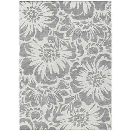 8' X 10' Gray and Ivory Floral Washable Non Skid Indoor Outdoor Area Rug