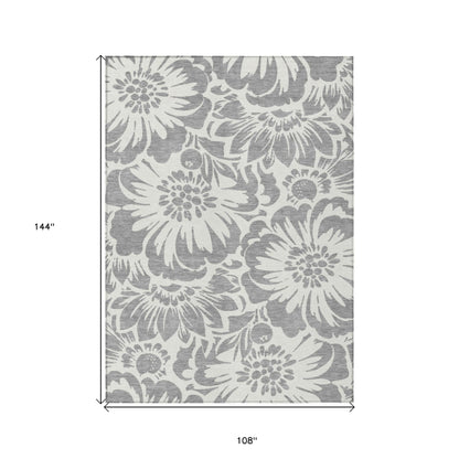 9' X 12' Gray and Ivory Floral Washable Non Skid Indoor Outdoor Area Rug