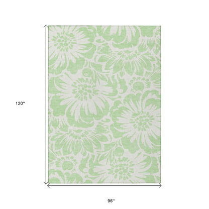 8' X 10' Mint Green and Ivory Floral Washable Non Skid Indoor Outdoor Area Rug