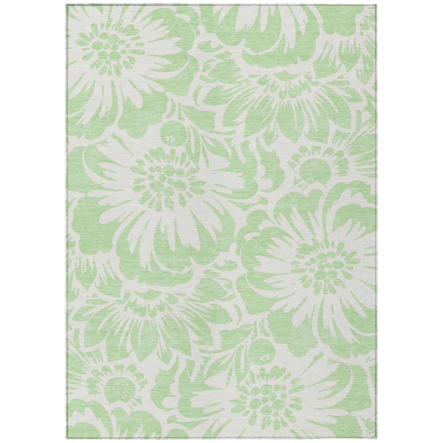 9' X 12' Mint Green and Ivory Floral Washable Non Skid Indoor Outdoor Area Rug