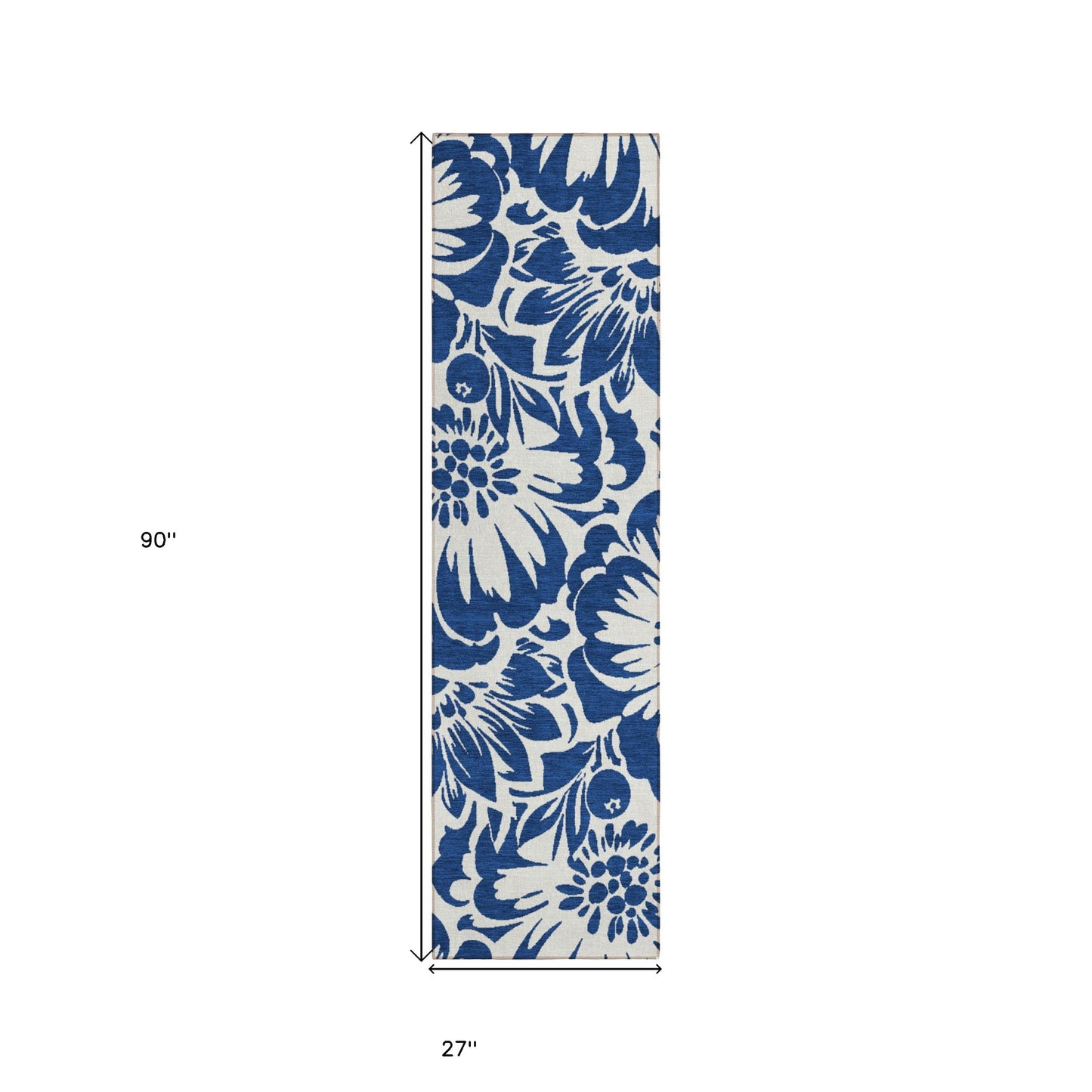 8' Runner Navy and Ivory Floral Washable Non Skid Indoor Outdoor Runner Rug