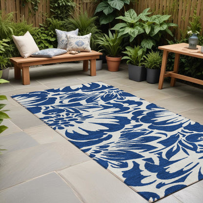 8' Runner Navy and Ivory Floral Washable Non Skid Indoor Outdoor Runner Rug