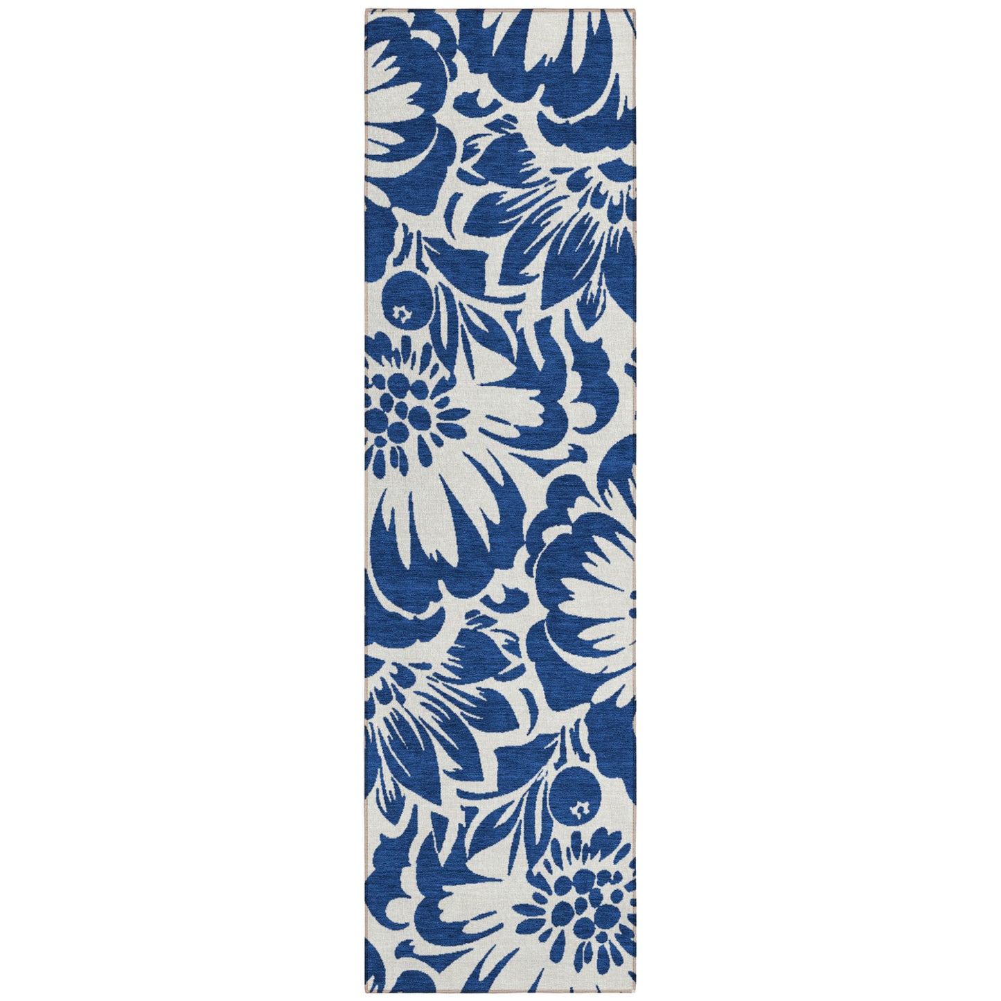 8' Runner Navy and Ivory Floral Washable Non Skid Indoor Outdoor Runner Rug