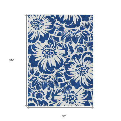 8' X 10' Navy and Ivory Floral Washable Non Skid Indoor Outdoor Area Rug