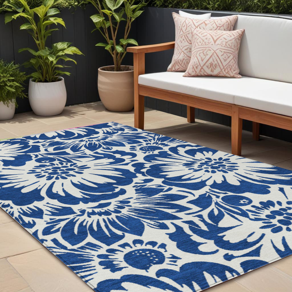 8' X 10' Navy and Ivory Floral Washable Non Skid Indoor Outdoor Area Rug