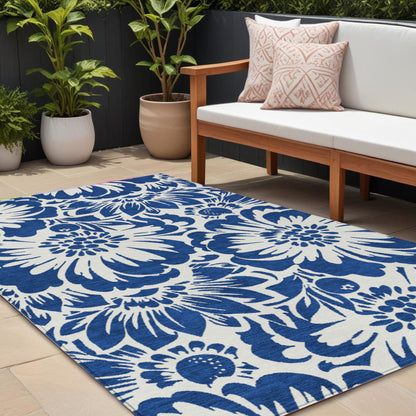 8' X 10' Navy and Ivory Floral Washable Non Skid Indoor Outdoor Area Rug