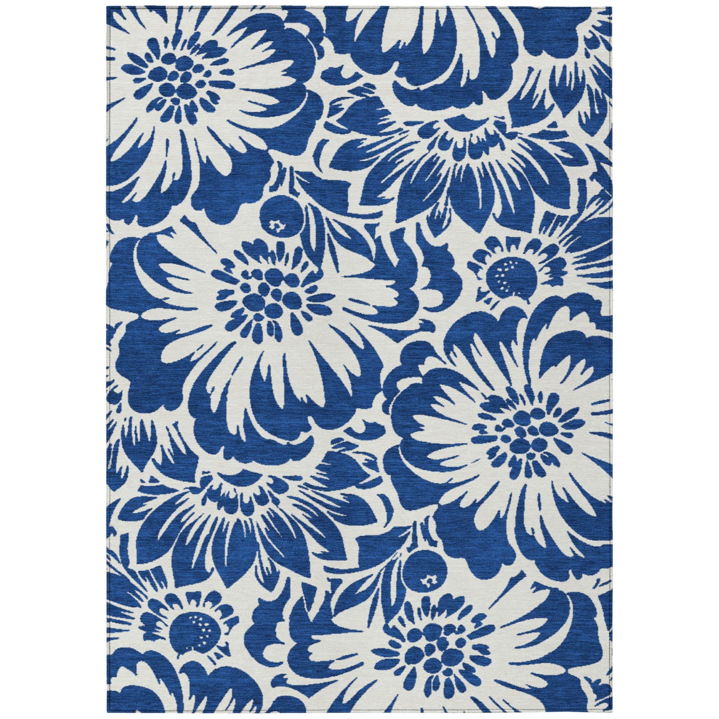 8' X 10' Navy and Ivory Floral Washable Non Skid Indoor Outdoor Area Rug