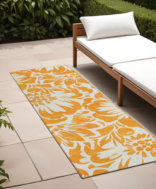 8' Runner Orange and White Floral Washable Non Skid Indoor Outdoor Runner Rug