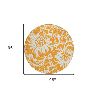8' Round Orange and White Round Floral Washable Non Skid Indoor Outdoor Area Rug FurniFindUSA