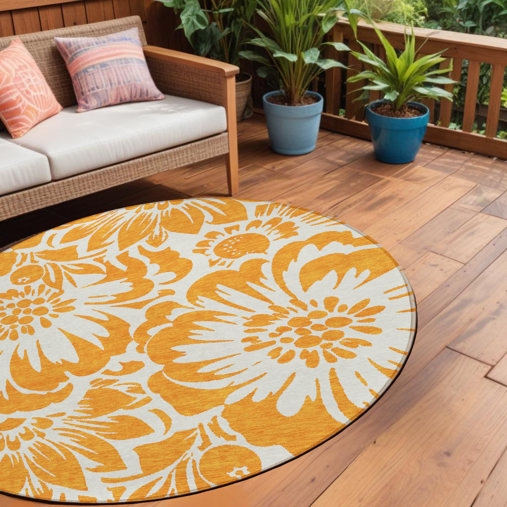 8' Round Orange and White Round Floral Washable Non Skid Indoor Outdoor Area Rug FurniFindUSA