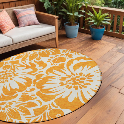8' Round Orange and White Round Floral Washable Non Skid Indoor Outdoor Area Rug FurniFindUSA