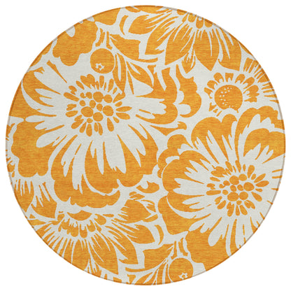 8' Round Orange and White Round Floral Washable Non Skid Indoor Outdoor Area Rug FurniFindUSA