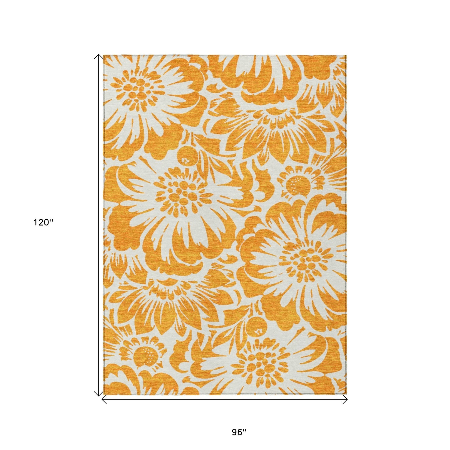 8' X 10' Orange and White Floral Washable Non Skid Indoor Outdoor Area Rug