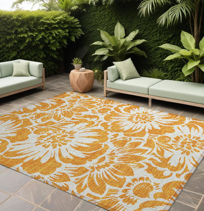 8' X 10' Orange and White Floral Washable Non Skid Indoor Outdoor Area Rug