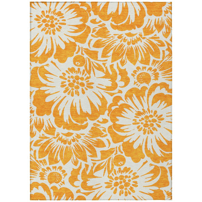 8' X 10' Orange and White Floral Washable Non Skid Indoor Outdoor Area Rug