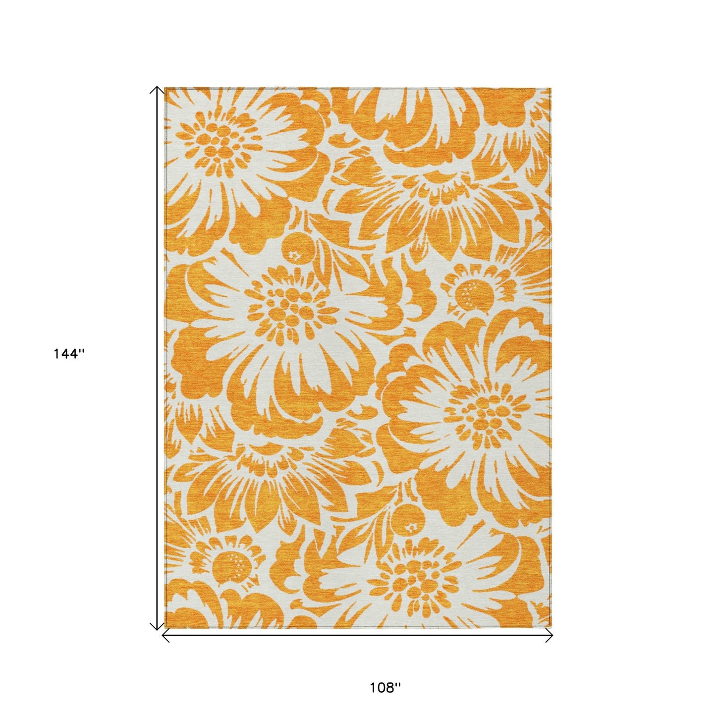 9' X 12' Orange and White Floral Washable Non Skid Indoor Outdoor Area Rug