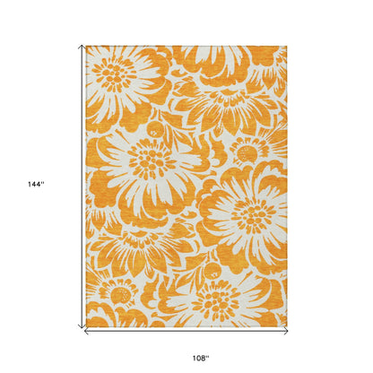 9' X 12' Orange and White Floral Washable Non Skid Indoor Outdoor Area Rug