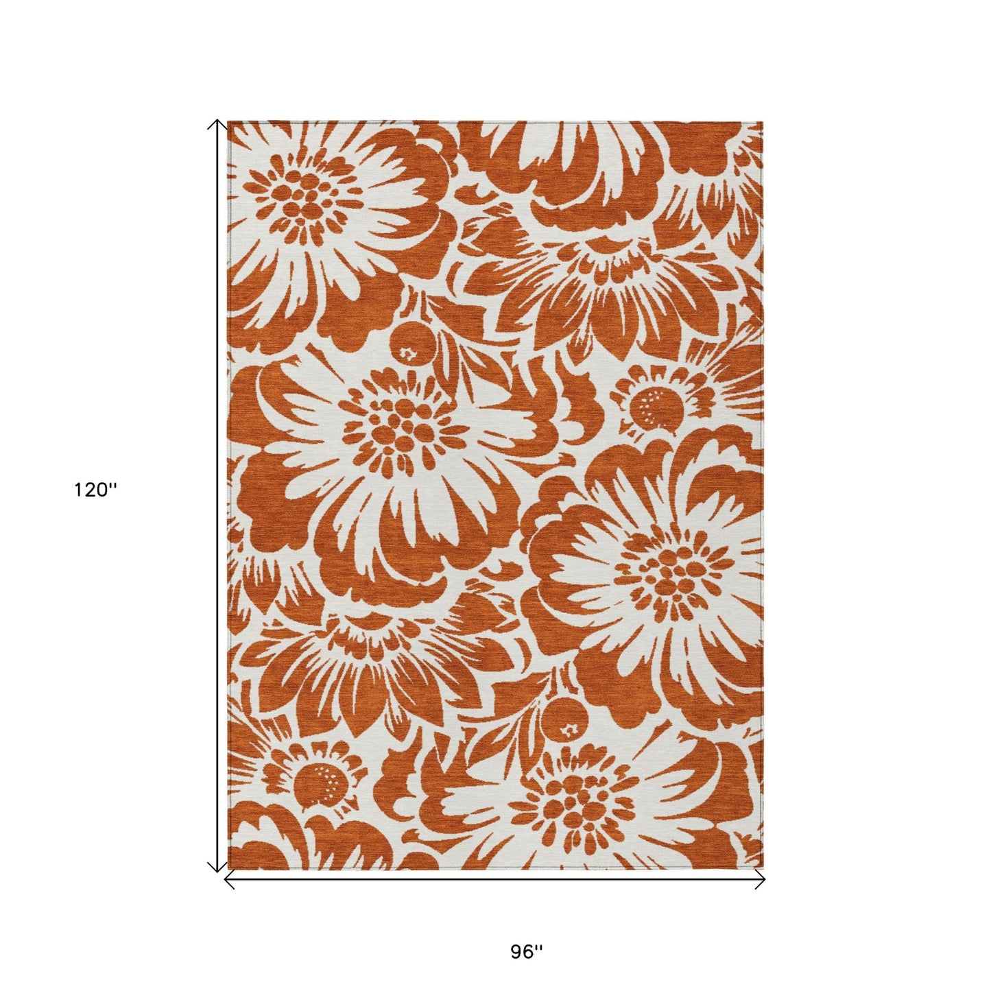 8' X 10' Rust and Ivory Floral Washable Non Skid Indoor Outdoor Area Rug