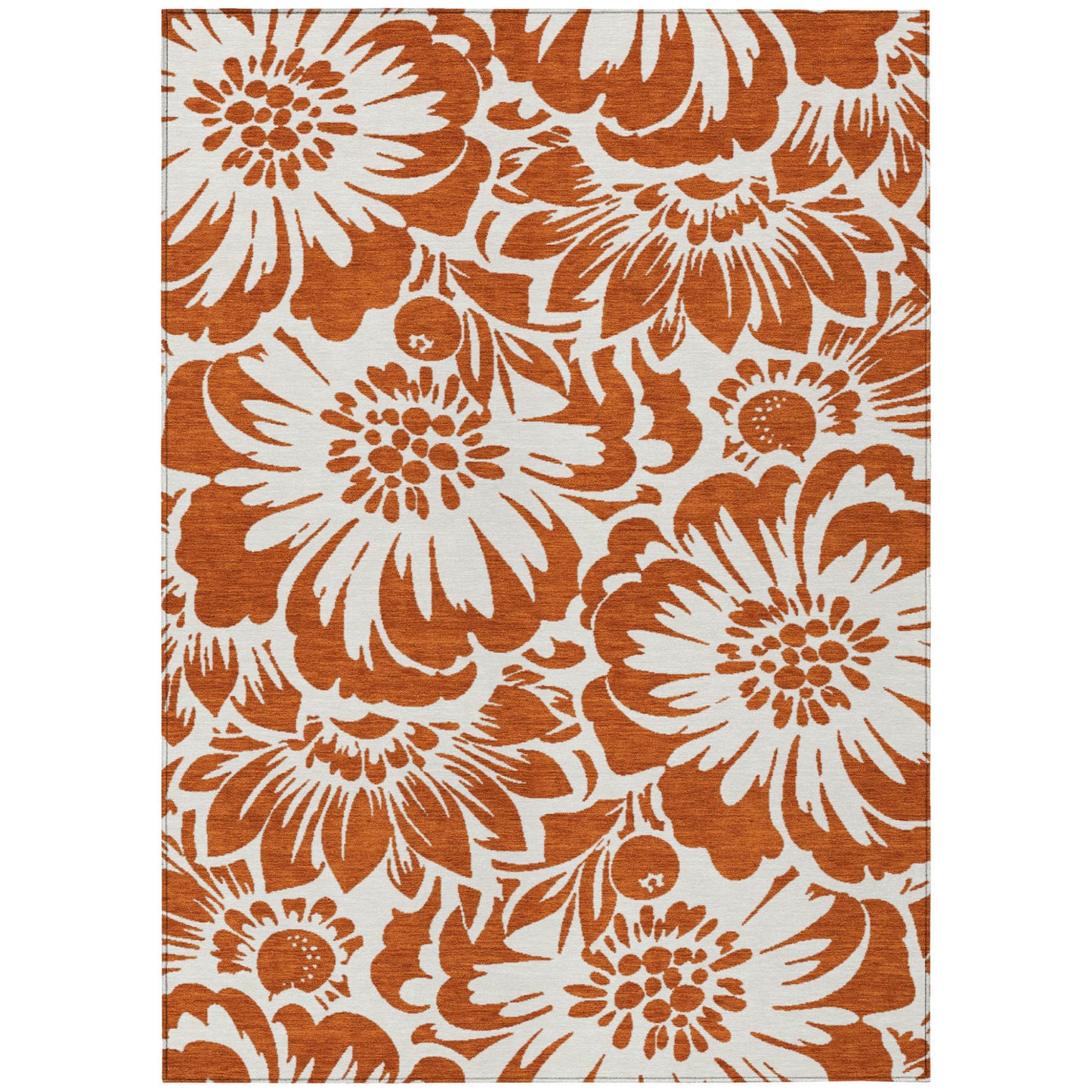 8' X 10' Rust and Ivory Floral Washable Non Skid Indoor Outdoor Area Rug