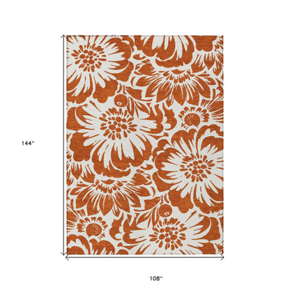 9' X 12' Rust and Ivory Floral Washable Non Skid Indoor Outdoor Area Rug