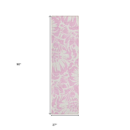 8' Runner Pink and Ivory Floral Washable Non Skid Indoor Outdoor Runner Rug