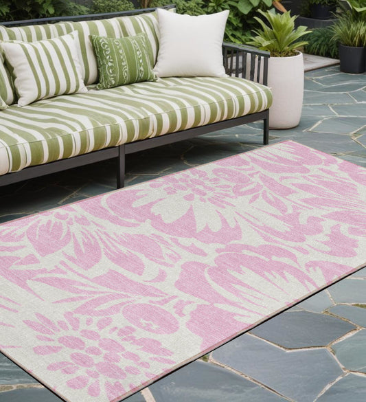 8' Runner Pink and Ivory Floral Washable Non Skid Indoor Outdoor Runner Rug