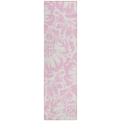 8' Runner Pink and Ivory Floral Washable Non Skid Indoor Outdoor Runner Rug