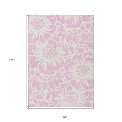 8' X 10' Pink and Ivory Floral Washable Non Skid Indoor Outdoor Area Rug