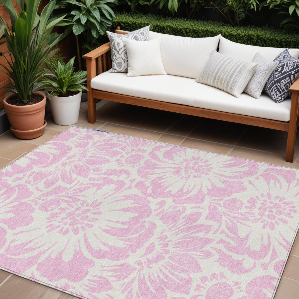 8' X 10' Pink and Ivory Floral Washable Non Skid Indoor Outdoor Area Rug