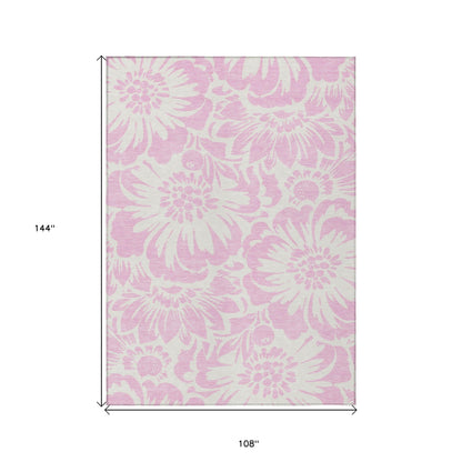 9' X 12' Pink and Ivory Floral Washable Non Skid Indoor Outdoor Area Rug