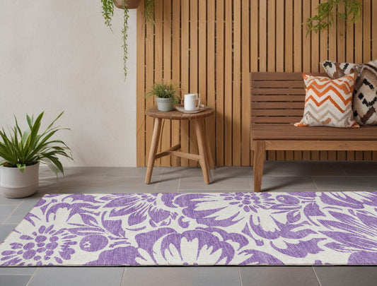 8' Runner Purple and Ivory Floral Washable Non Skid Indoor Outdoor Runner Rug