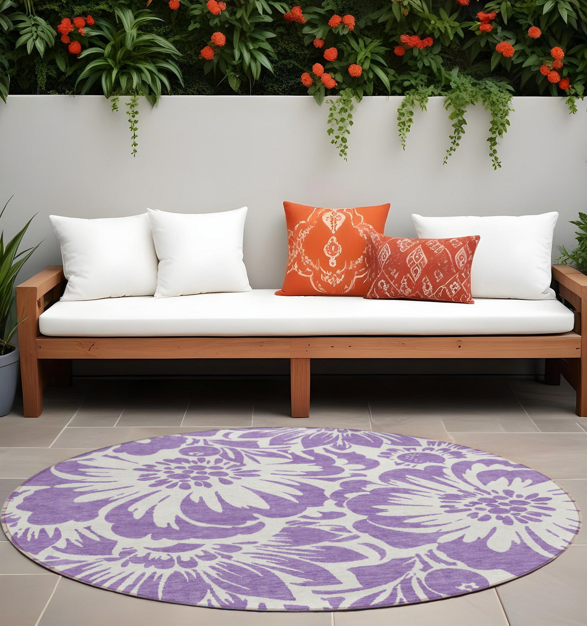 8' X 8' Purple and Ivory Round Floral Washable Non Skid Indoor Outdoor Area Rug