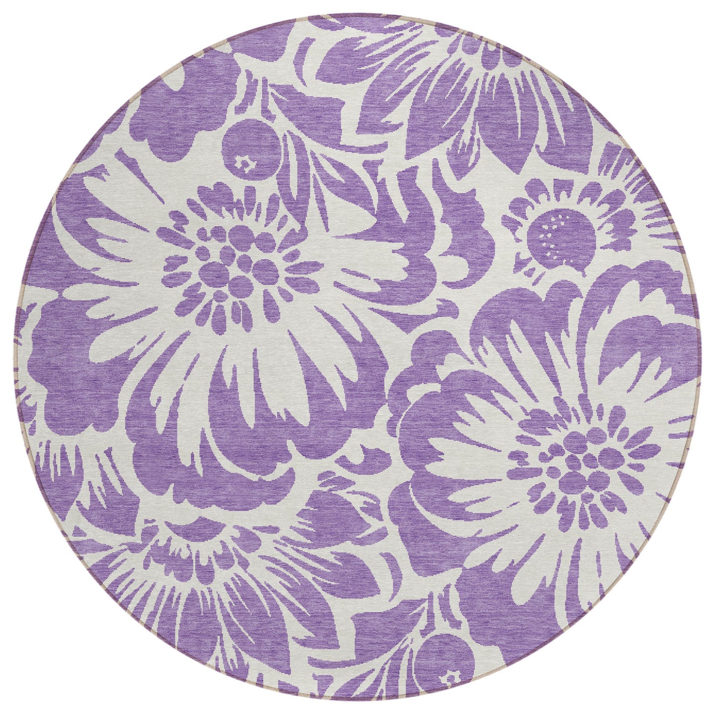 8' X 8' Purple and Ivory Round Floral Washable Non Skid Indoor Outdoor Area Rug