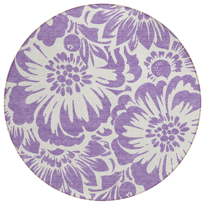 8' X 8' Purple and Ivory Round Floral Washable Non Skid Indoor Outdoor Area Rug