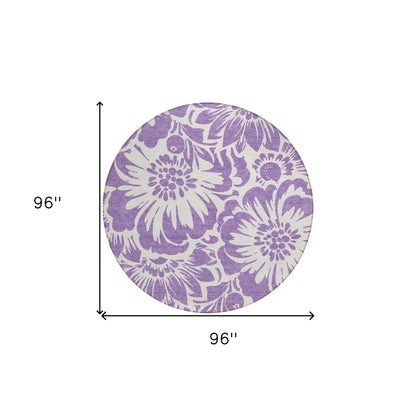 8' X 8' Purple and Ivory Round Floral Washable Non Skid Indoor Outdoor Area Rug