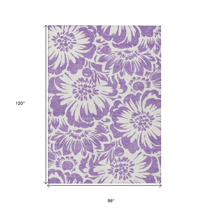 8' X 10' Purple and Ivory Floral Washable Non Skid Indoor Outdoor Area Rug