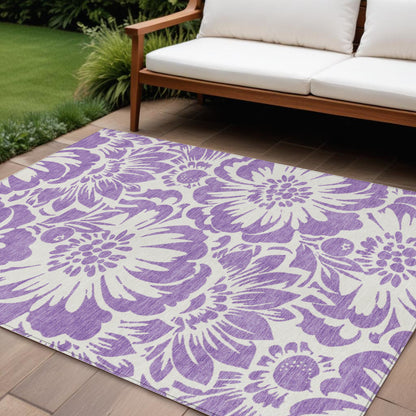 8' X 10' Purple and Ivory Floral Washable Non Skid Indoor Outdoor Area Rug