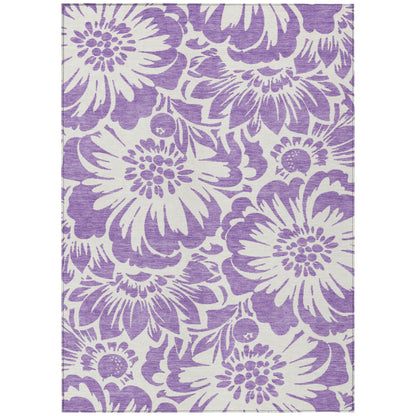 8' X 10' Purple and Ivory Floral Washable Non Skid Indoor Outdoor Area Rug